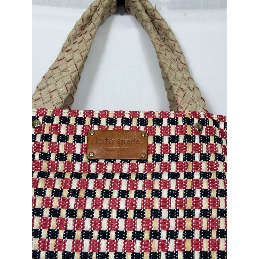 Kate Spade Woven Straw Tote Bag Red Black Cream Leather‎ Trim Large Shopper